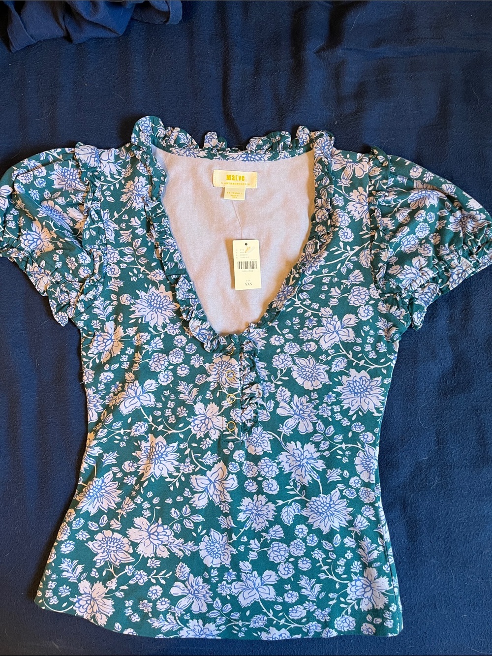 Maeve Teal Green Floral Ruffle V-Neck Top